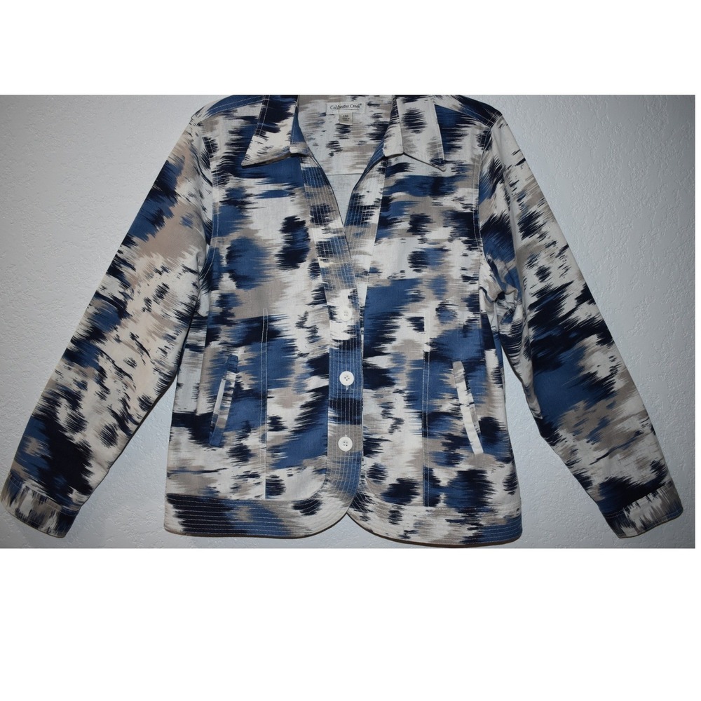 Coldwater Creek Large Jacket Linen Cotton Blend Button Front Artsy Aztec Pockets